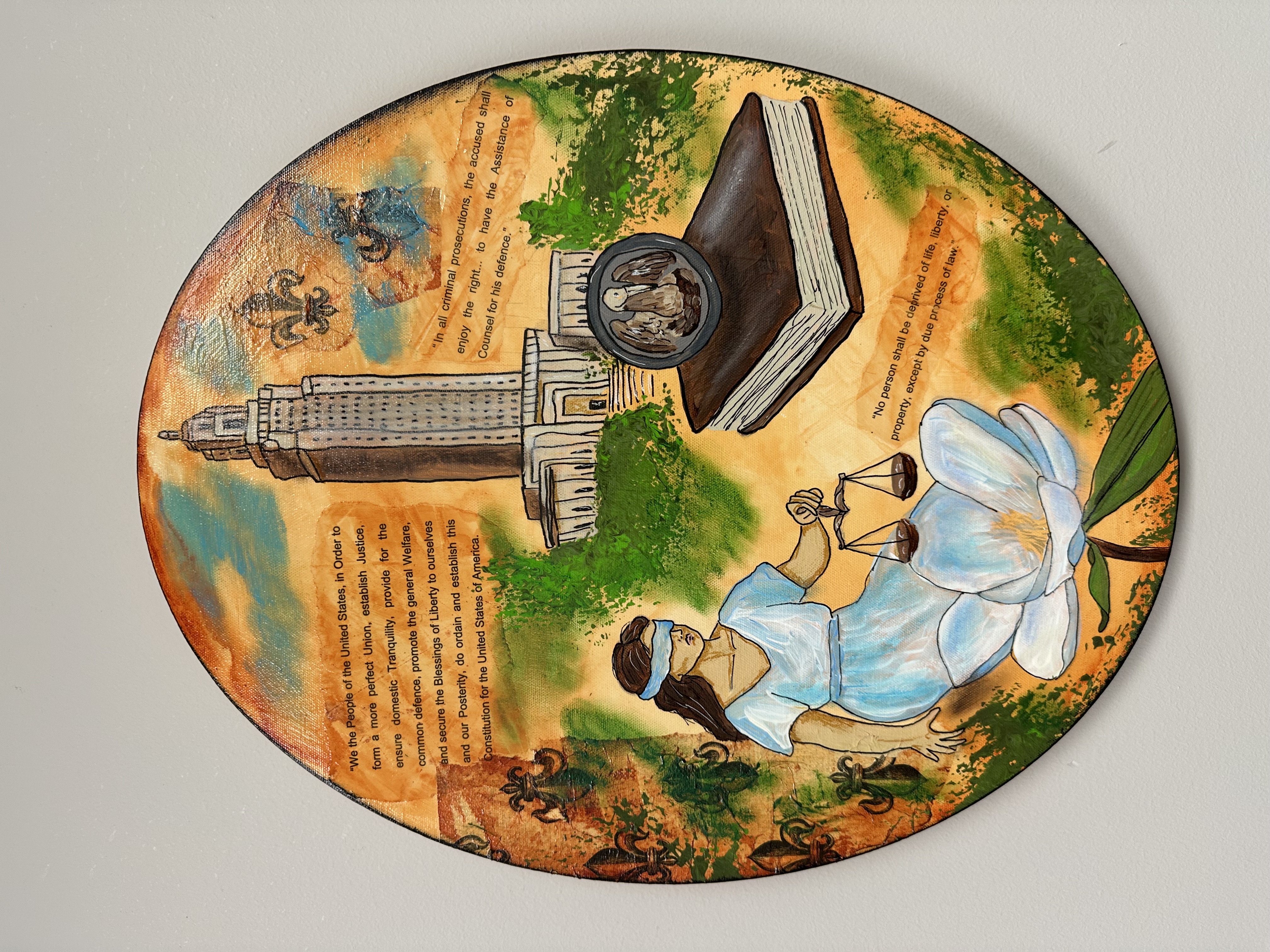 Mixed-media collage evoking Louisiana law and iconography